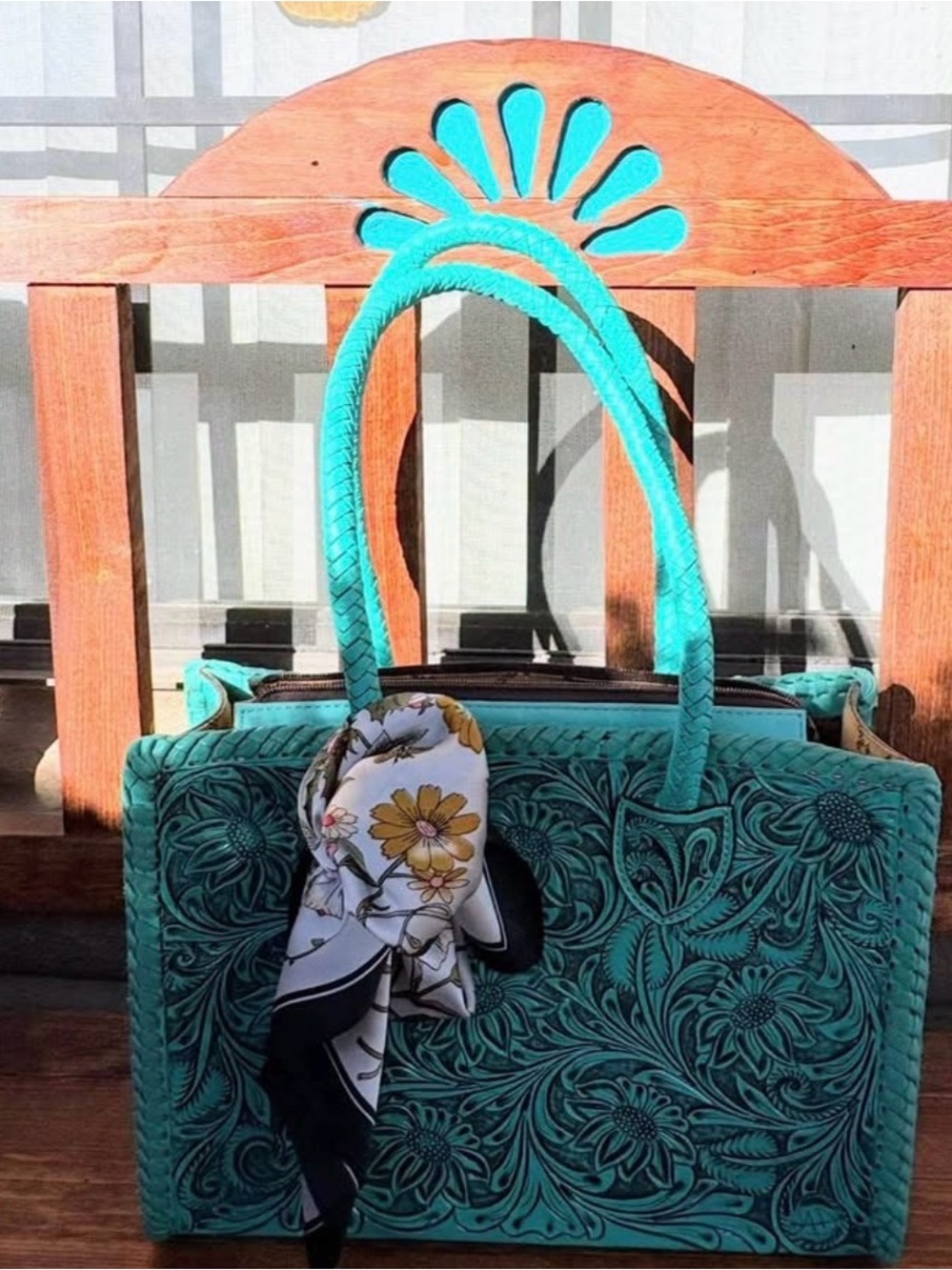 Turquoise Tooled Leather Tote Bag